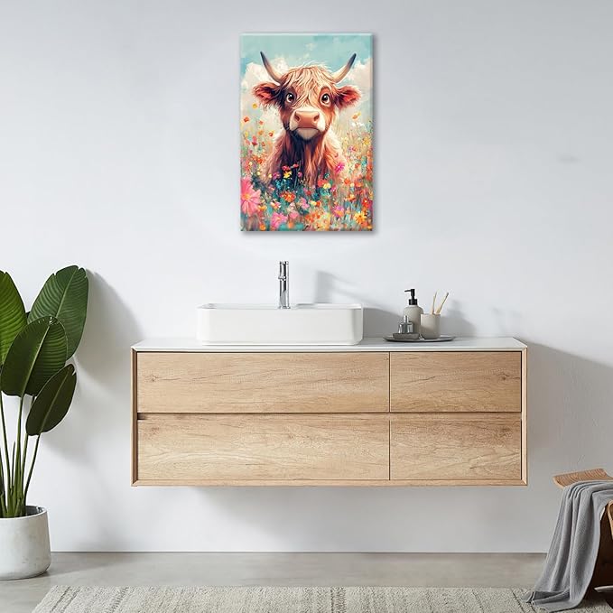 Highland Cow Wall Art Canvas Flower Cattle Wall Decor Prints Framed Painting Animal Pictures Gifts Artwork for Bathroom Living Dining Kitchen 16"x24"