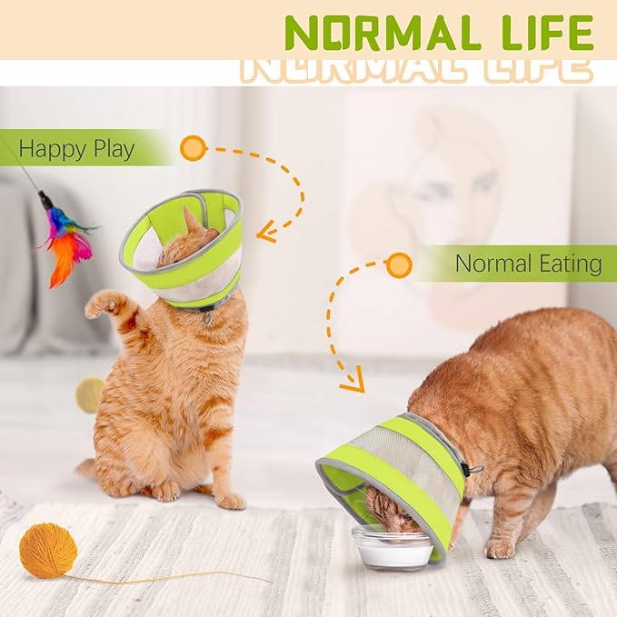 Breathable Air Mesh Cat Cone Collar Soft - Adjustable Recovery Collar to Stop Licking After Surgery, Foldable Lightweight E-Collar for Cats & Kittens (Green,S)