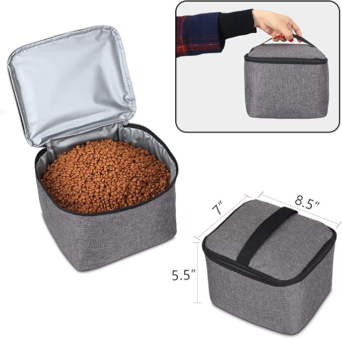 Teamoy Double Layer Dog Travel Bag, Dog Bag for Supplies with 2 Silicone Collapsible Bowls, 2 Food Carriers, 1 Water-Resistant Placemat, Pet Supplies Weekend Tote Organizer (Large, Gray)