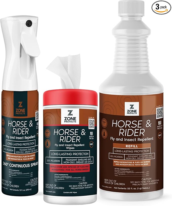 Horse & Rider Fly/Insect Repellent Starter Pack; Picaridin Based 10oz Continuous Spray, 32oz Refill, 80-Count Face/Ear Wipes