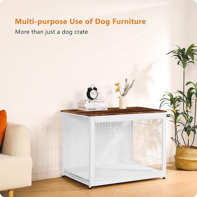 DWANTON Dog Crate Furniture with Cushion, Wooden Kennel Table with Double Doors, Indoor Dog House, Large Size, 38.5" L, White+Rustic Brown