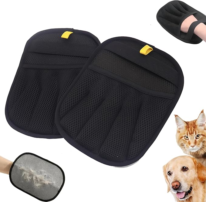 Double-Sided Pet Hair Removal Gloves - Reusable Static Removal Grooming Gloves for Dogs & Cats, Efficient Fur Removal Tool for Furniture, Carpet, Car Seats, Sofa, Bedding & Clothes (2 Pack)