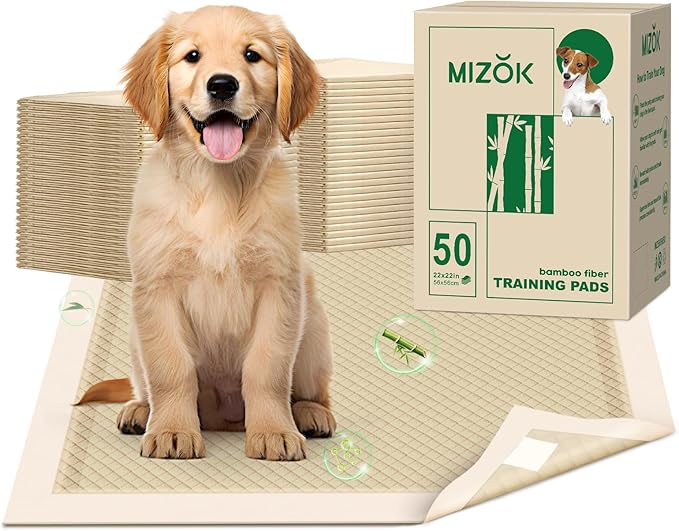 MIZOK Puppy Pads Small 22x22 Pee Pads for Dogs Bamboo Odor Eliminating & 6-Layer Absorbent Leak-Proof Dog Pee Pads Potty Training with Adhesive Tabs, Disposable (50 Counts)