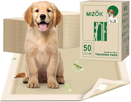 MIZOK Puppy Pads Small 22x22 Pee Pads for Dogs Bamboo Odor Eliminating & 6-Layer Absorbent Leak-Proof Dog Pee Pads Potty Training with Adhesive Tabs, Disposable (50 Counts)