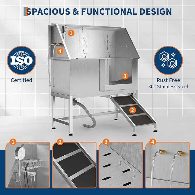 50" Stainless Steel Professional Dog Washing Station - Pet Bathing Tub w/Non-Slip Ramps | Slip-Resistant Floor Grate | for Large/Medium/Small Dogs