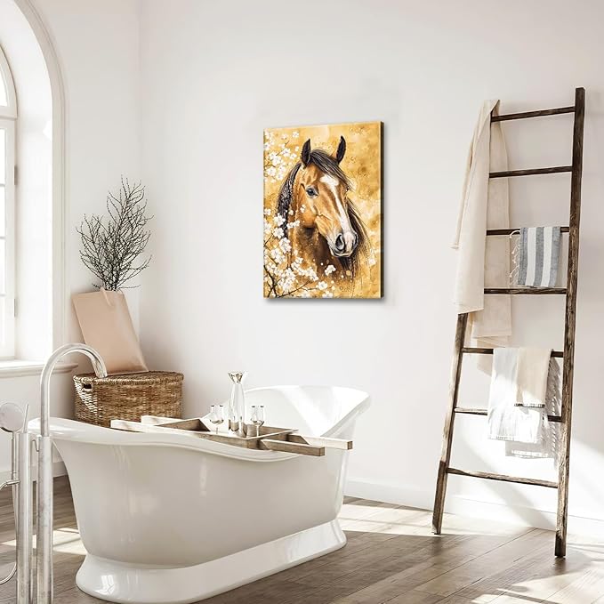 Horse Wall Art Canvas Rustic Horse Wall Decor Prints Framed Painting Farmhouse Flower Pictures Gifts Artwork for Bathroom Living Dining 16"x24"
