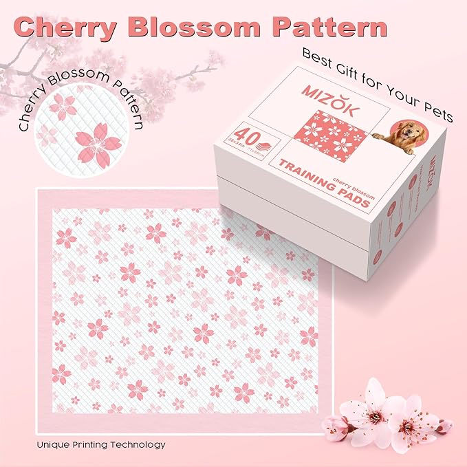MIZOK Dog Pee Pads 28x34in Pink, Puppy Pads Extra Large Absorbent with Adhesive Tabs 6-Layer Leak-Proof Quick-Dry Design Odor Control for Potty Training, Cherry Blossom Prints (40 Counts)