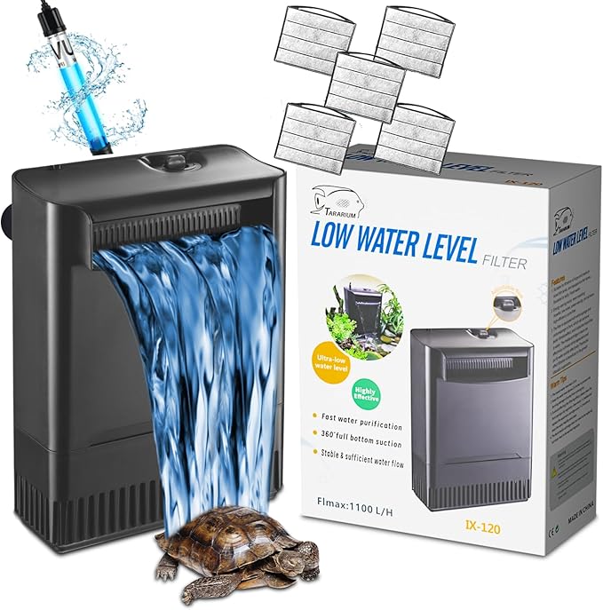 Turtle Tank Filter Aquarium Filter w/Detachable U-V Light for 30-75Gal, Waterfall Flow Adjustable Low Water Level Internal Green Clean Machine Killing Deodorization Saltwater Freshwater Crystal Clear