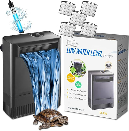 Turtle Tank Filter Aquarium Filter w/Detachable U-V Light for 30-75Gal, Waterfall Flow Adjustable Low Water Level Internal Green Clean Machine Killing Deodorization Saltwater Freshwater Crystal Clear