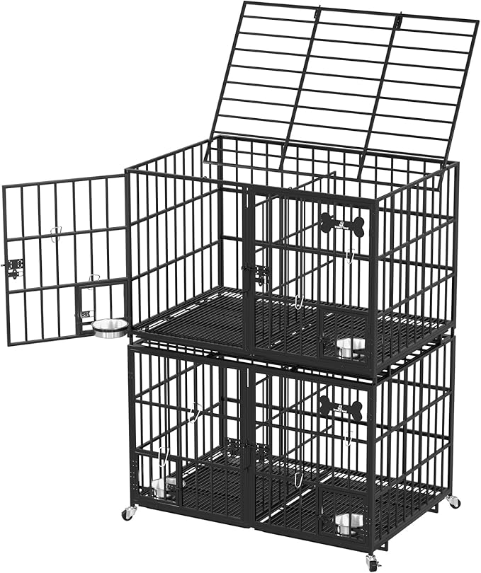 aboxoo 48 inch Stackable Heavy Duty Metal Dog Crate for 4 Dogs/Large Dog,All Metal Open Top Access,Escape Proof Cage,Dog Kennel Indoor with Wheels,Floor Grid, Tray, Divider and Feeding Bowl