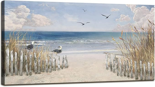 XXMWallArt FC3762 Sandy Beach Wall Art Canvas Print Wall Art Seascape Blue Print Home Decor Abstract Coastal Picture Modern Ocean Artwork for Living Room Bedroom Bathroom Office Decor