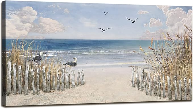 XXMWallArt FC3750 Sandy Beach Wall Art Canvas Print Wall Art Seascape Blue Print Painting Abstract Coastal Picture Modern Ocean Artwork for Living Room Bedroom Bathroom Office Wall Decor