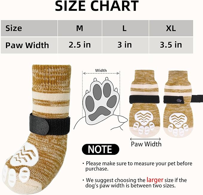PUPTECK Non-Slip Dog Socks to Prevent Licking Paws, Double Sides Dog Boots & Paw Protectors Booties Traction on Hardwood Floors Hot Pavement with Grippers, for Small Medium Large Senior Dogs, Khaki L