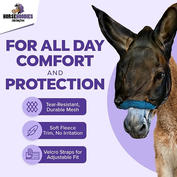 Donkey Fly Mask with Long Ears (Black) Made in USA - Mule Fly Mask with Ears Protection from Insects and Bugs, Mini Donkey Soft Mesh Fabric with Adjustable Fastener, Face Cover Supplies for Donkeys