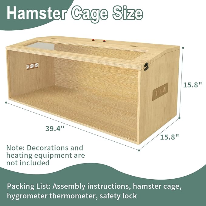 Large Hamster Cage 40", Top Opening Lockable Roof, Gerbil Cage with Ventilation Window, Dwarf Hamster Cages and Habitats, Chewproof Syrian Hamster Habitat Enclosure, (Wooden, 40" L x 16" W x 16" H)