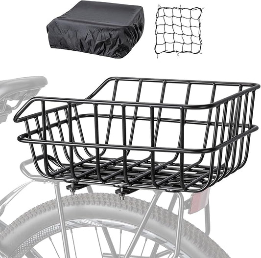 CXWXC Rear Bike Basket - Bicycle Rear Basket with Cargo Net and Waterproof Cover - Rear Mount Aluminium Bike Basket Large Capacity