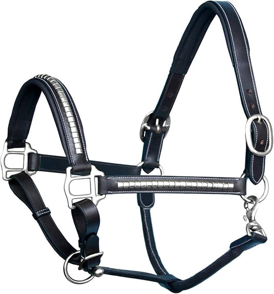 Exion Leather Horse Halter with Padding & Clincher Studs – Adjustable Quick‑Release Crownpiece Halter for Horses – Vegetable‑Tanned Leather in Black & Brown – Cob, Full & Oversize
