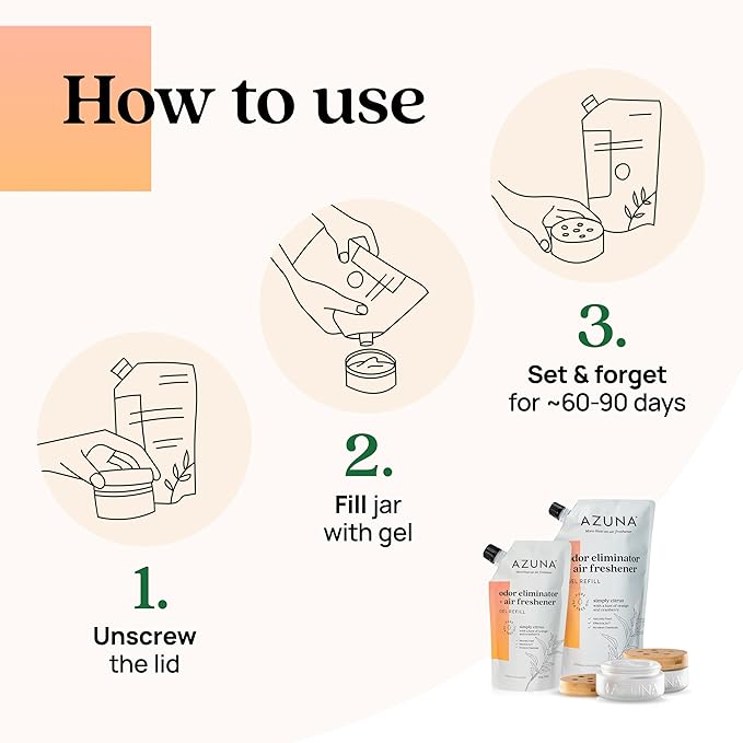 Azuna All-Natural Odor Remover Gel Refill Pouch | Air Purifier with Tea Tree Oil | Plant-Based & Long Lasting | For Pet Odors, Smoke & Strong Odors | Simply Citrus, 12 oz.