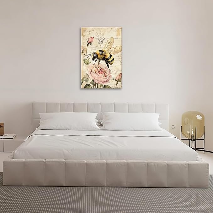 Rustic Bee Bathroom Pictures Wall Art, Vintage Floral Bathroom Wall Decor, Pink Rose Flower Framed Painting Canvas Artwork for Bedroom Living Room Decorations 24"L x 16"W