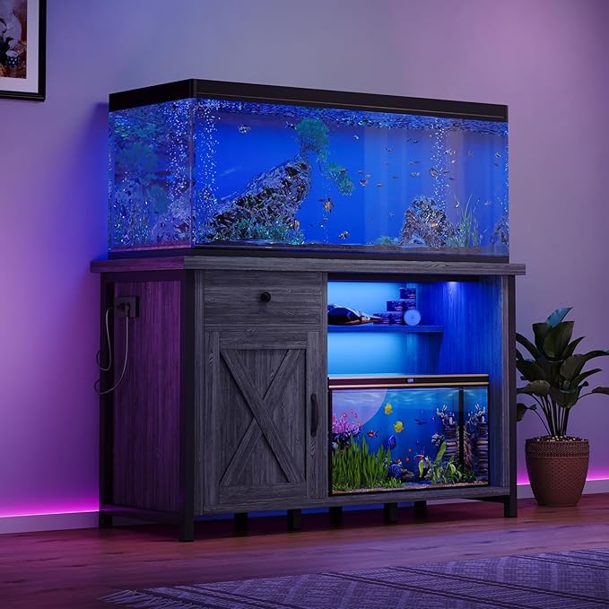 4ever2buy 55 Gallon Fish Tank Stand with LED Light & Power Outlets, 55-75 Gallon Aquarium Stand with Drawer & Barn Door, Cabinet for Fish Tank Accessories Storage for Reptile Tank, Turtle Tank, Gray
