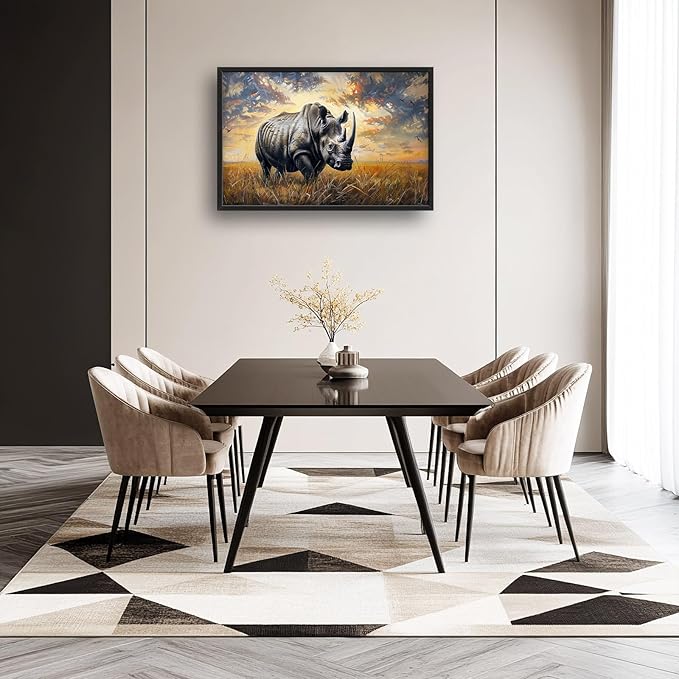 Rhino Large Wall Art Rustic Cool Wild Animal Rhinoceros Pictures Sunset Field Landscape Wall Decor Canvas Print Painting Artwork for Bathroom Living Room Bedroom 36L" x 24W"