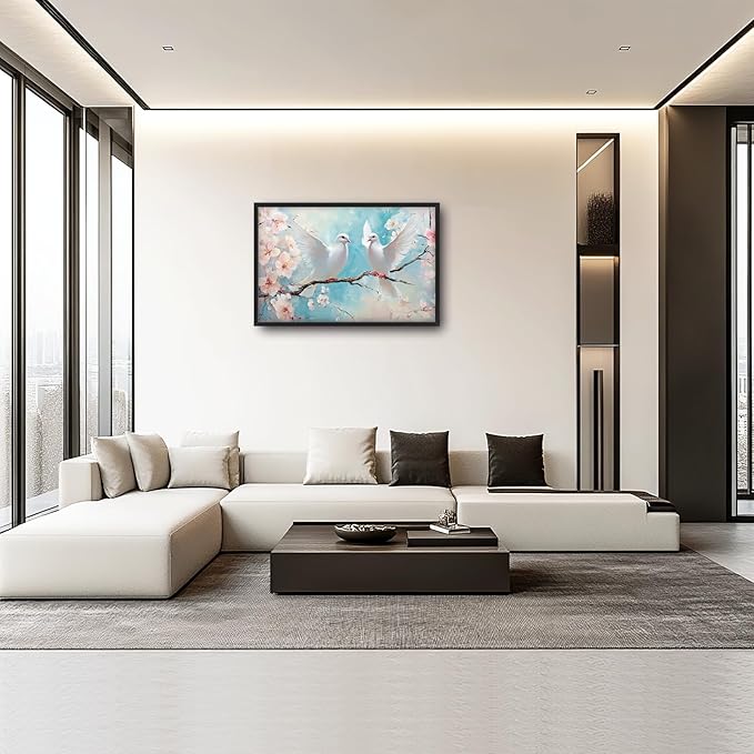 Large White Dove Flower Wall Art for Living Room, Framed Oversized Pigeon Cherry Blossom Wall Decor Nature Canvas Painting Modern Artwork for Living Room Bathroom Bedroom Office Dining Room 36"x24"