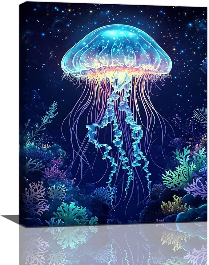 Ocean Jellyfish Wall Art Canvas Coral Fish Wall Decor Prints Framed Painting Underwater Pictures Gifts Artwork for Bathroom Living Dining 16"x20"