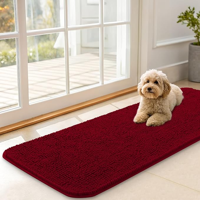 OLANLY Dog Door Mat for Muddy Paws 47x17, Absorbs Moisture and Dirt, Absorbent Non-Slip Washable Doormat, Quick Dry Chenille Mud Mat for Dogs, Entry Indoor Entryway Carpet for Inside Floor, Red