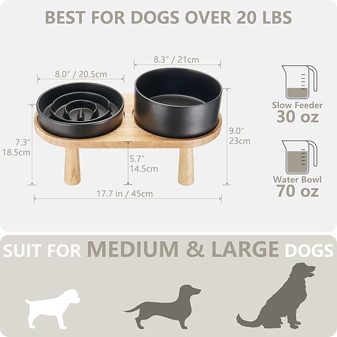 Ceramic Slow Feeder and Water Bowl Set for Medium and Large Dogs, Ceramic Dog Bowls Elevated with Wooden Stand, 2.0 Cups Dog Slow Feeder(30oz) and 70oz Water Bowl Set, Black