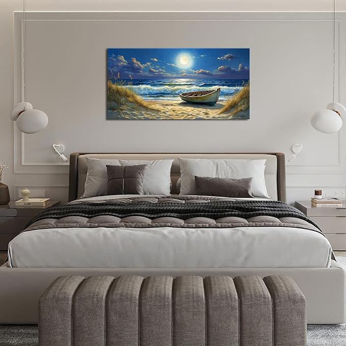 Quorin Beach Boat Large Wall Art Coastal Seaside Moonlight Pictures Nautical Wall Decor Seascape Canvas Print Painting Artwork for Bathroom Living Room Bedroom 30"x60"
