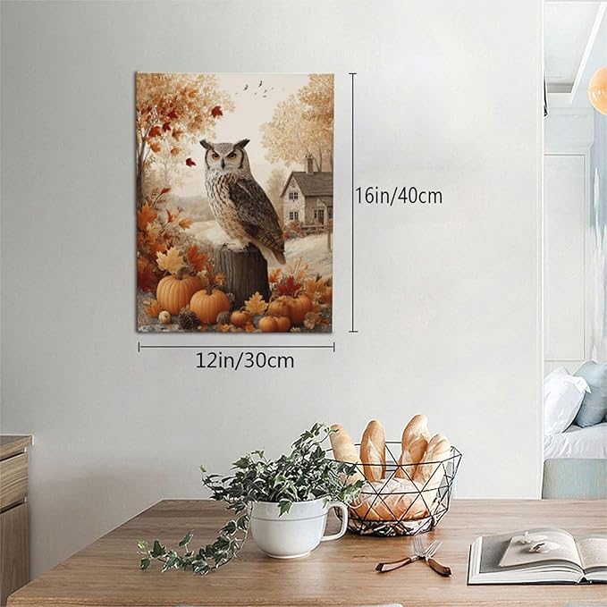 Fall Owl Wall Art Autumn Pumpkin Leaves Wall Decor Rustic Canvas Print Farmhouse Pictures Painting Print Framed Artwork Decorations Gifts for Living Room Bathroom Bedroom Office 12"x16"