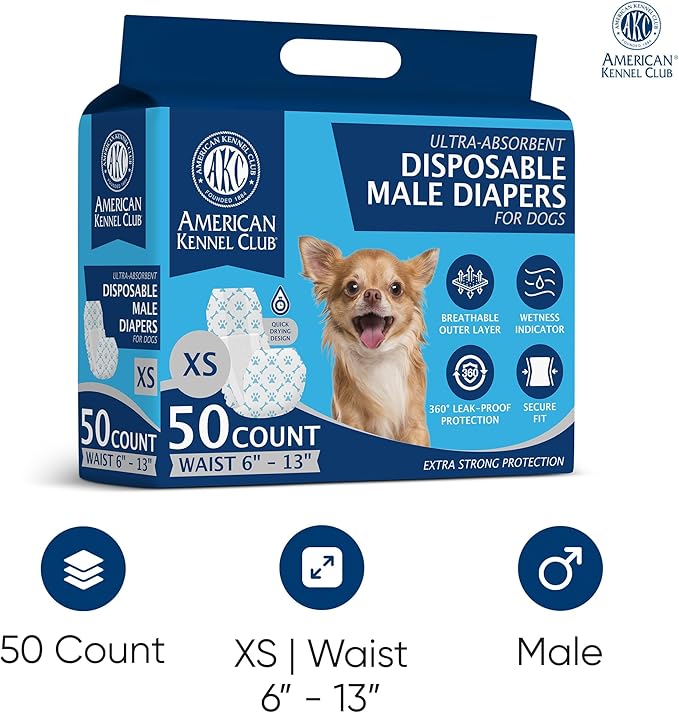 American Kennel Club Male Dog Wrap, Disposable Diapers with Wetness Indicator, X-Small, 50 Count
