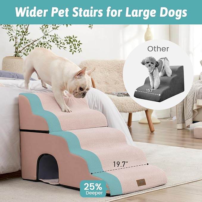 Extra Wide Dog Stairs with Tunnel, Detachable Large Pet Step for Small Medium Dog, Puppy or Cat, Ramp for High Bed, Couch, Sofa or Car, Stable, 19.7x33x22.4 inch, 5 Step, Pink