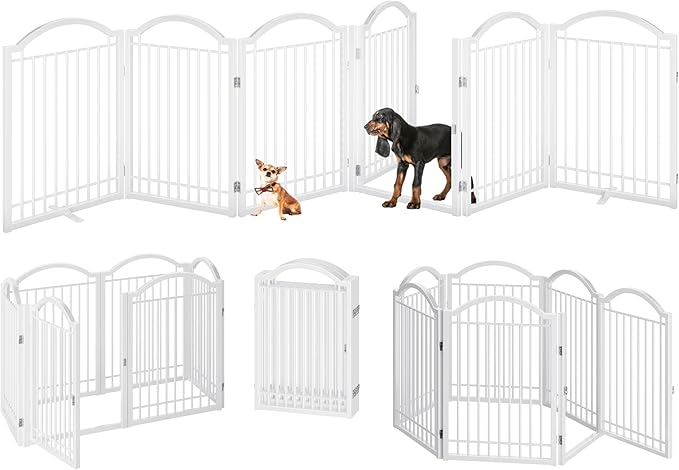 BHG Metal No-Assembly Freestanding Dog Gate with Door Walk Through, Extra Wide 144", Extra Tall 32" Pet Gate, Accordion Puppy Folding Playpen Dog Fence, with 2PCS Support (White, 6 panesl)
