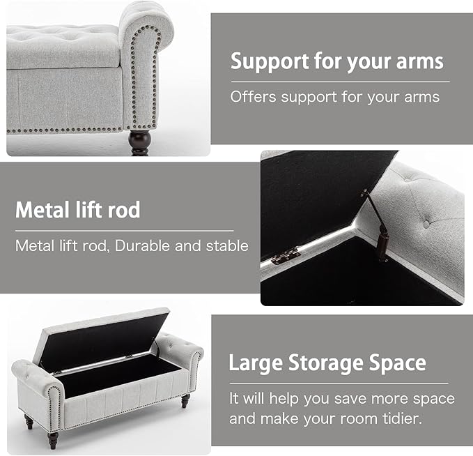 58’’ Storage Bench for Bedroom, Upholstered Button-Tufted Ottoman with Solid Wood Legs, Queen Size End of Bed Shoe Cabinet, Window Seat Foot Rest Stool for Entryway, Living Room (Silver)