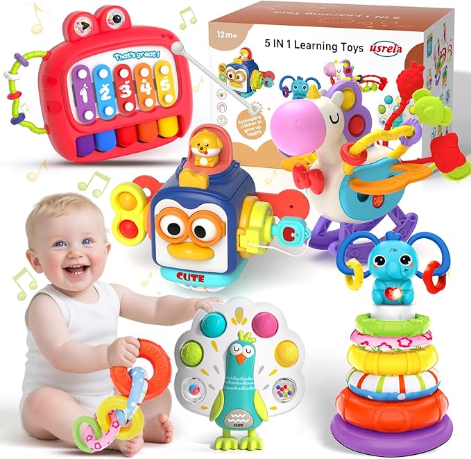 5 in 1 Baby Toy for 12 18 Month, Learning Toys for Babies 12-18 Months, Baby Busy Cube, Stacking&Sensory, Pull String&Piano Xylophone Toy, Birthday Gift for 12+ Month