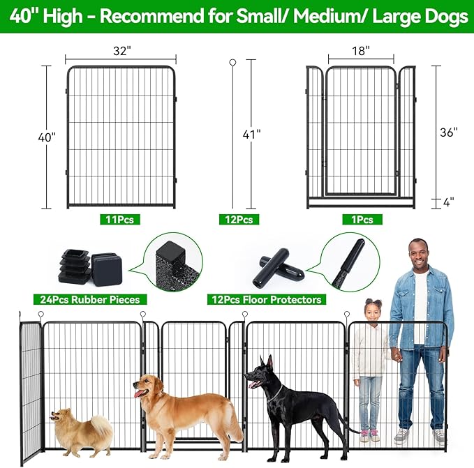 Dog Playpen Outdoor Extra Wide 12 Panels Heavy Duty Anti-Rust Coating-Strengthened Dog Fence 40" Height with Doors Portable for RV Camping Yard, Total 32FT, 79 Sq.ft, Snowy Black