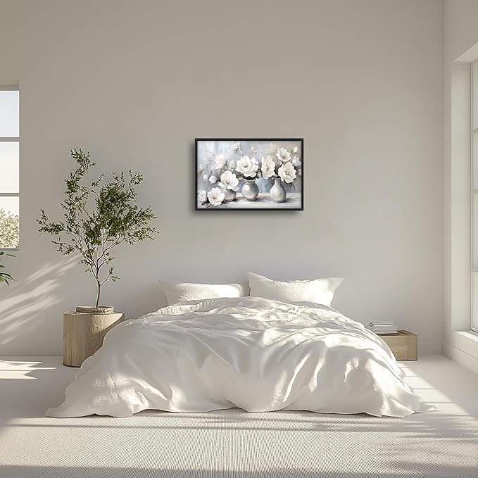 Large Farmhouse Floral Wall Art for Living Room, Framed Oversized White Flower Vase Wall Decor Grey Floral Canvas Painting Pictures Modern Artwork for Bathroom Bedroom Office Dining Room 36"x24"