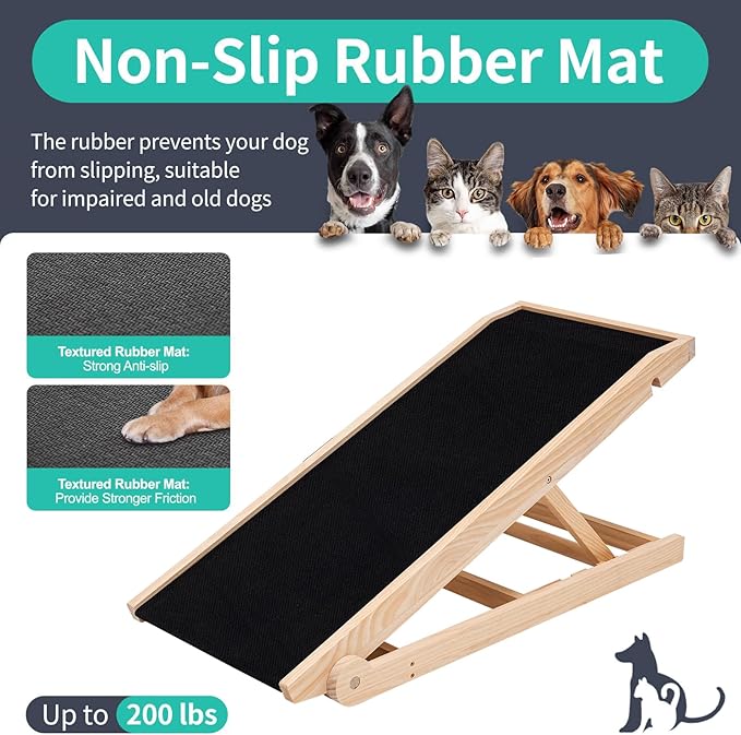 Dog Ramp, Adjustable Height Wooden Folding Pet Ramp for Bed, Couch,SUV-High Traction, Portable Paw Ramps for Small & Large Old Dogs & Cats - Furniture Quality
