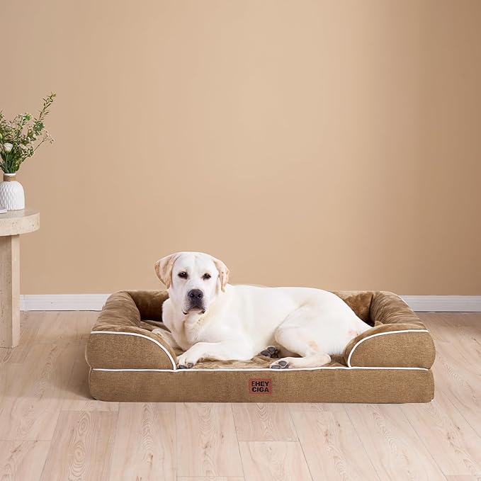 EHEYCIGA Orthopedic Dog Bed for Small Dogs, Waterproof Memory Foam Small Dog Beds with Sides, Non-Slip Bottom and Egg-Crate Foam Medium Pet Couch Bed with Washable Removable Cover, Camel