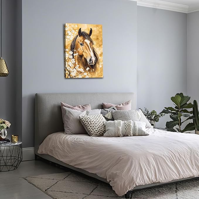 Horse Wall Art Canvas Rustic Horse Wall Decor Prints Framed Painting Farmhouse Flower Pictures Gifts Artwork for Bathroom Living Dining 16"x24"