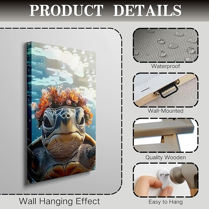 Wivsev Sea Turtle Canvas Wall Art,Under Sea Wall Art,Sea Life Pictures Wall Decor,Ocean Animal Painting for Bathroom,Living Room,Bedroom (16" x 24" x 3 pcs)