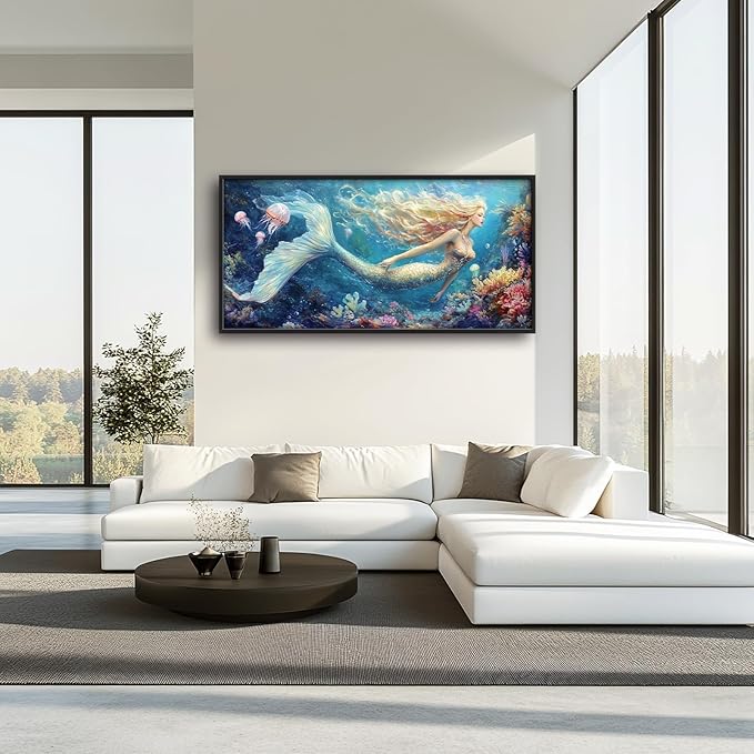 Extra Large Framed Mermaid Wall Art,Oversized Undersea Ocean Wall Decor,Colorful Coral Reefs Pictures for Living Room,Elegant Canvas Print Painting Modern Artwork Bedroom Bathroom 60L x 30W