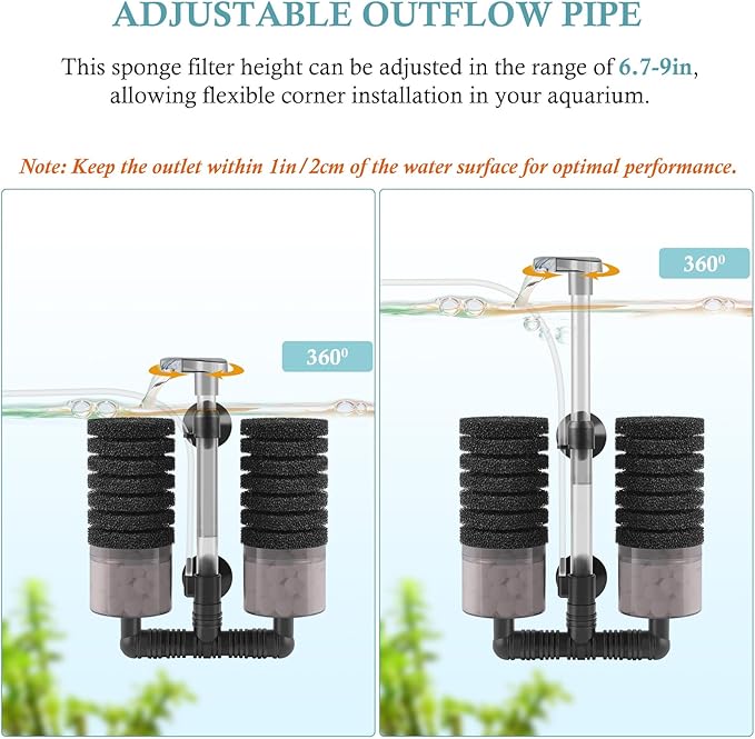 Air Powered Aquarium Sponge Filter with Biochemical Sponge and Ceramic Balls, Quiet Submersible Fish Tank Filter for 8-20Gallon (M-6.7in)