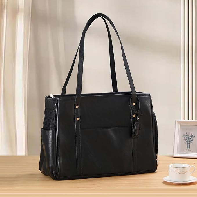 Fashion Dog Carrier Purse, Premium Leather Cat Carrier Bag, Airline Approved Soft Sided Pet Travel Tote Bag with Pockets Black