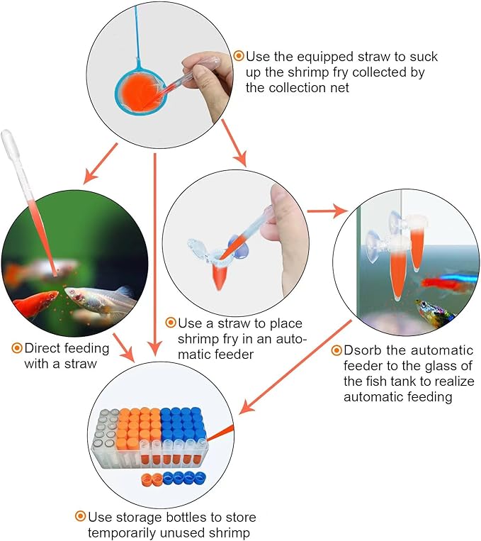 Brine Shrimp Egg Dispense Storage Kit with 50 Egg Collection Bottles, Holder, 3 Aquarium Feeders, 2 Automatic Feeding Bottles, Collecting Net