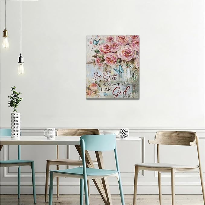 Farmhouse Rose Wall Art Christian Scripture Pictures Pink Rose Wall Decor Rustic Floral Butterfly Canvas Print Painting Artwork for Bathroom Living Room Bedroom 20"x24"