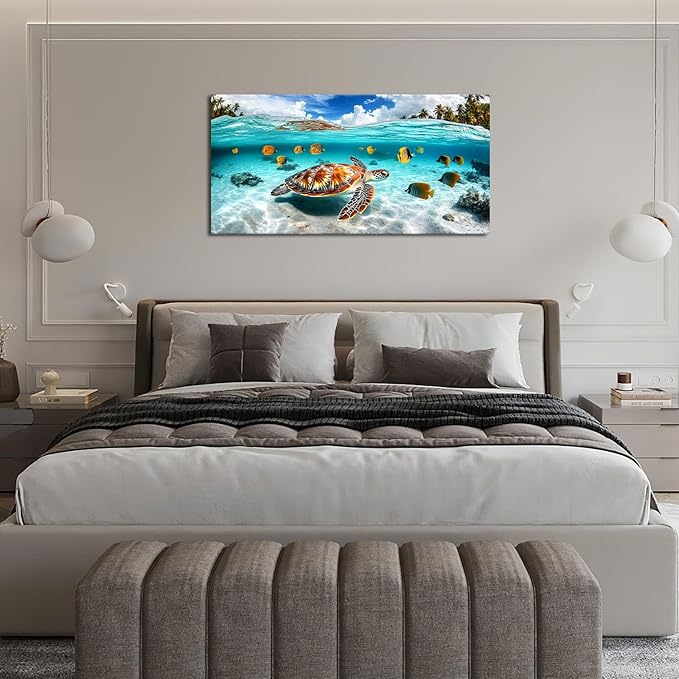 Quorin Sea Turtle Large Wall Art Coastal Undersea Beach Fish Pictures Wall Decor Tropical Island Canvas Print Painting Artwork for Bathroom Living Room Bedroom 30"x60"