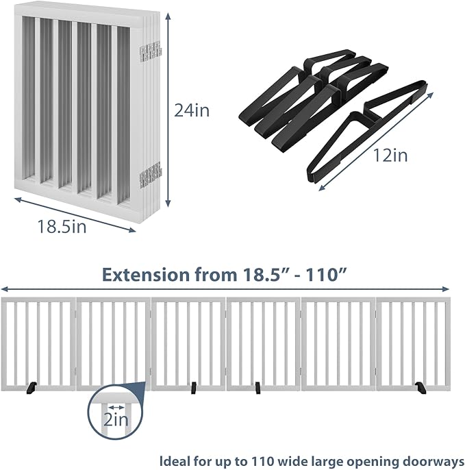 Dog Gates for Doorways Extra Wide 110inches (9ft), Wooden Freestanding Pet Gates for Dogs with 4 Support Stands, Foldable Gates for Dogs Indoor