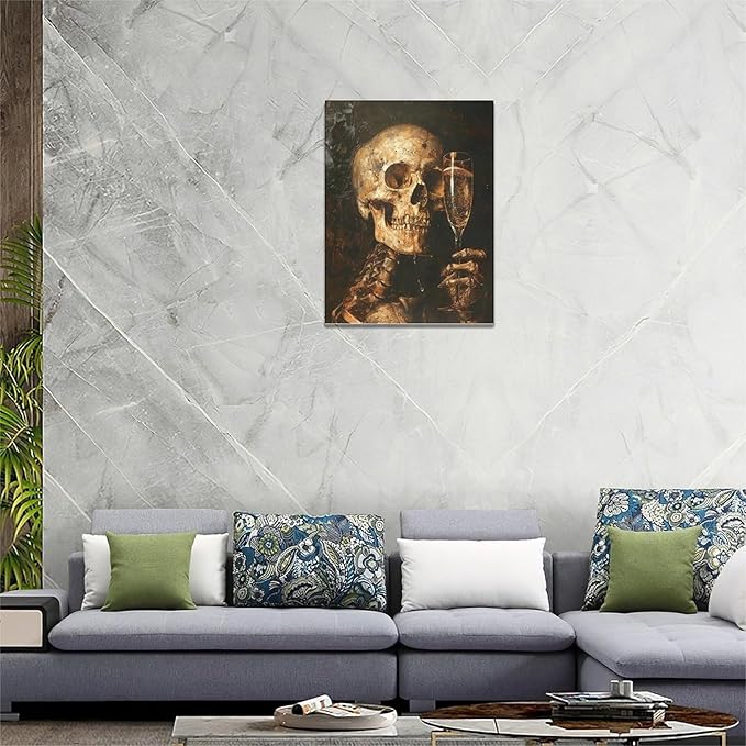 Quorin Gothic Skeleton Wall Art Goth Skull Champagne Wall Decor Dark Academia Pictures Horror Canvas Print Painting Artwork for Bathroom Living Room Bedroom 12"x16"